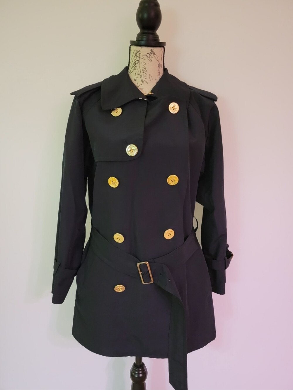 Ralph Lauren Dark Navy Silk Blend Trench Coat with Gold Buttons